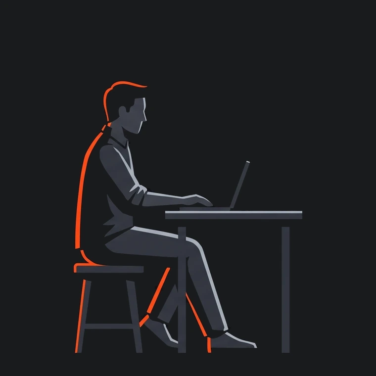 Eine Person sitzt an einem kleinen Schreibtisch und arbeitet an einem Laptop